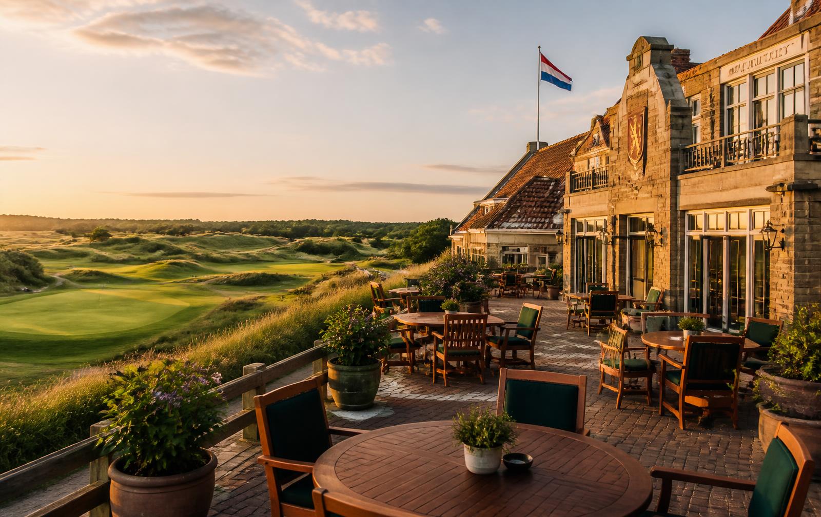 Het clubhuis met terras en uitzicht over de golfbaan bij avondlicht
