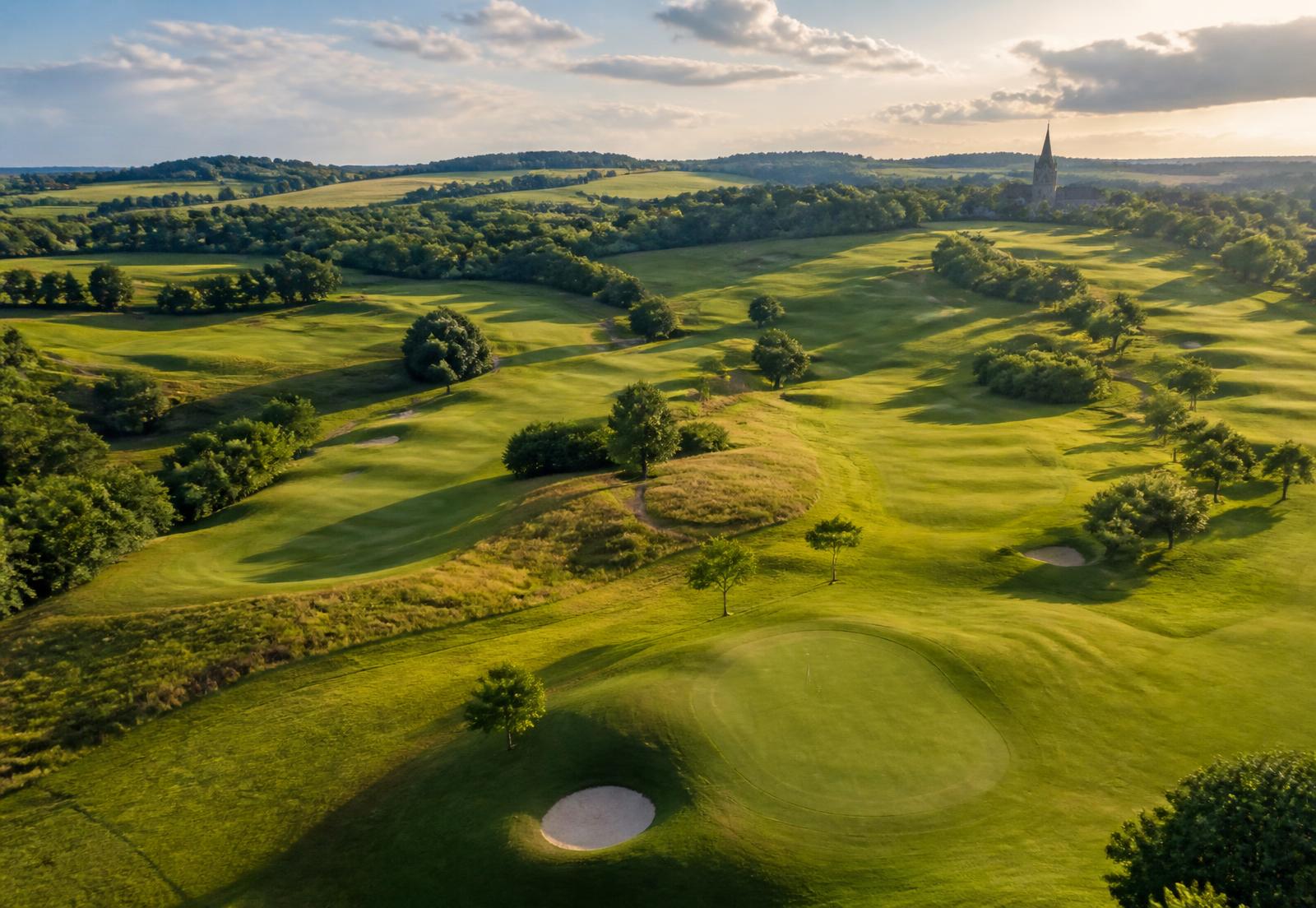 Open glooiend heuvelland met fairways en verre vergezichten