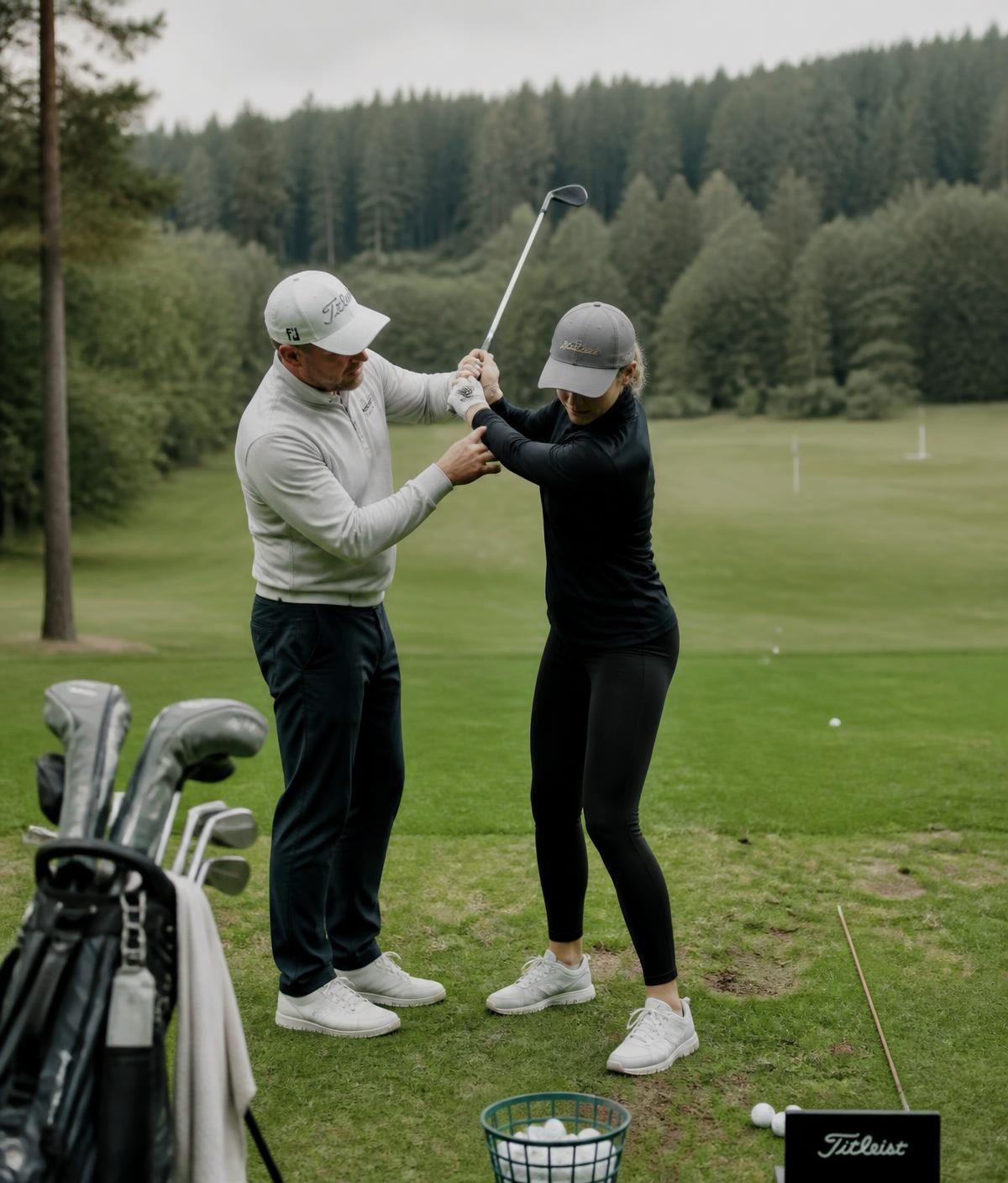 Golfles met de vaste pro op de driving range aan de bosrand